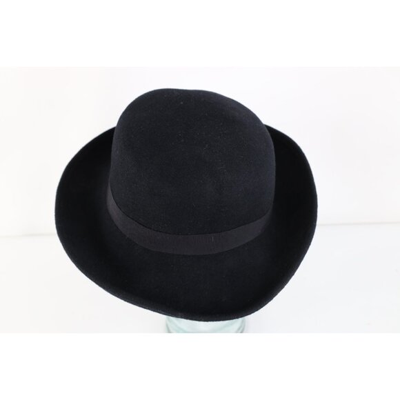 Vintage 70s 80s Ribbon Bow Felt Wool Bowler Hat Cap Black Womens OSFM USA main image 8